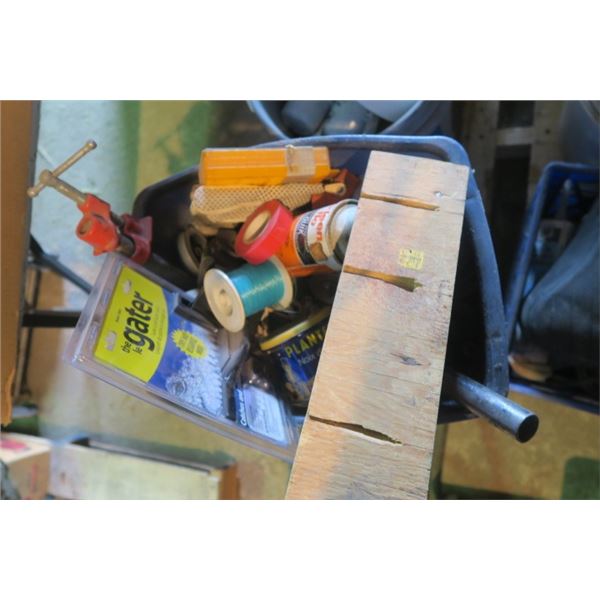 Garbage Can of Misc. Items Including Clamps and Fishing Line