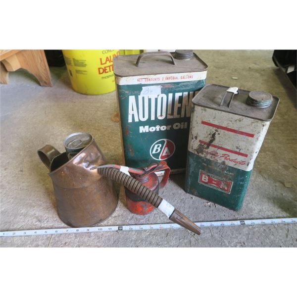 Vintage Oil Set, 2 Vintage Oil Cans, 2 Oilers and Snowmobile Motor Oil