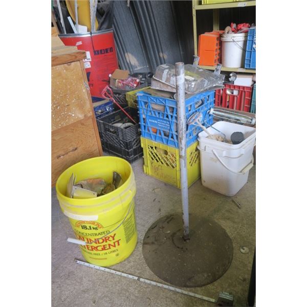Heavy Bottomed Metal Stand and Bucket of Misc. Items