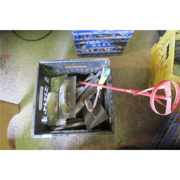 Milk Crate of Misc. Items including Paint Mixer and Trowels