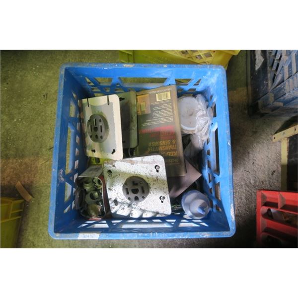 Milk Crate of Misc. Items Including Electrical Outlets