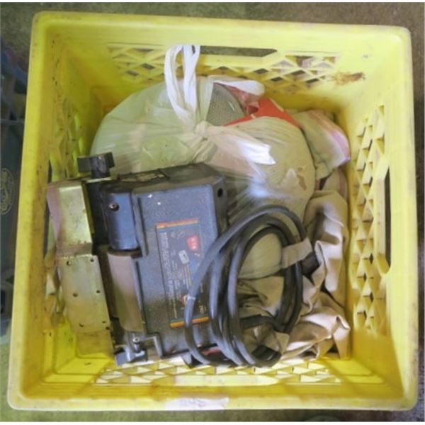 Milk Crate of Misc. Items Including Bag of Flood Lights