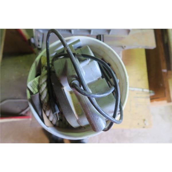 Bucket of Misc. Items including Sanding Belts