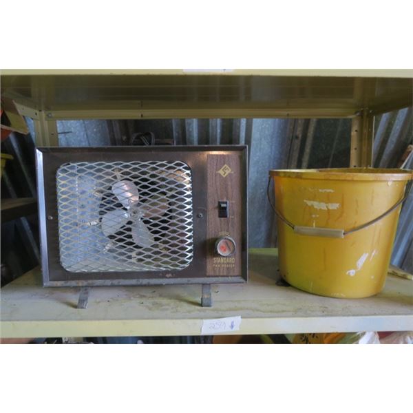 Vintage Space Heater and Bucket of Misc. Lightbulbs and Ratchet Strap
