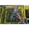 Image 1 : Milk Crate of Misc Items Including Pipe Wrench, Trouble Light, and Electrical