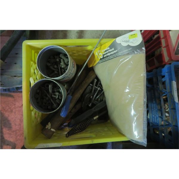 Milk Crate of Misc. Including Bolts and Sandpaper
