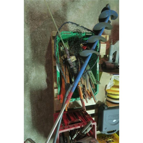 Large Lot of Fishing Supplies Including Auger, Pole, Net, and More!