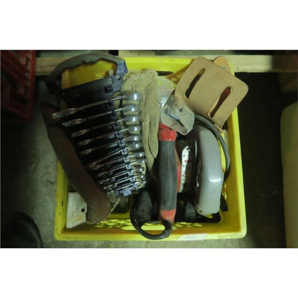 Milk Crate of Misc. Items Including Wrench Set