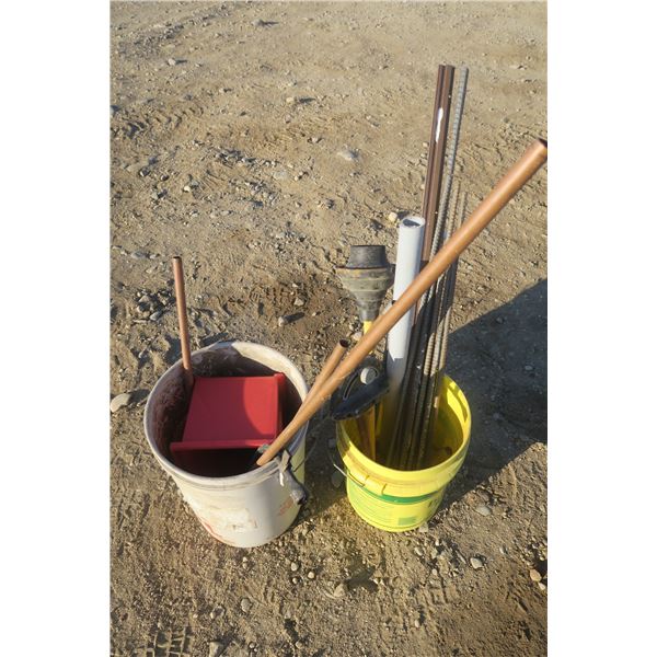 2 Pails of Misc. Items Including Plunger, Copper, Rebar ETC.