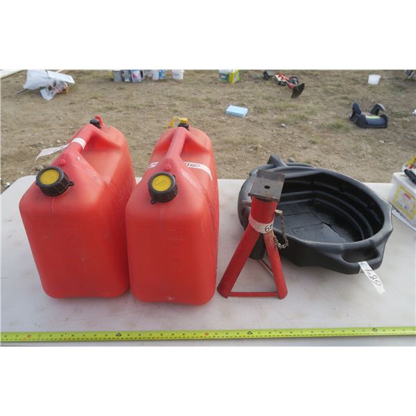 2 Gas Cans, Oil Drop Pan, and Jack Stand