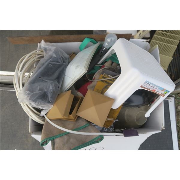 Large Box of Misc. Items Including Welding Gloves, Face Shield, Trouble Light, And Roll of Electrica