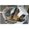 Image 1 : Large Box of Misc. Items Including Welding Gloves, Face Shield, Trouble Light, And Roll of Electrica