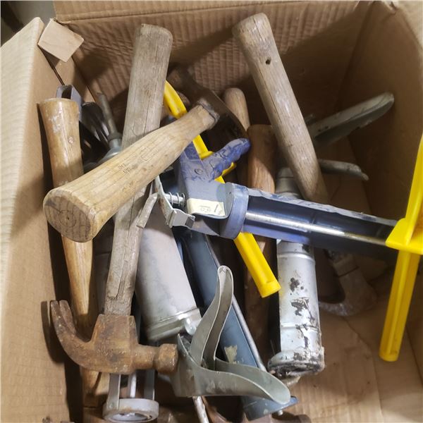 huge lot of old hammers and a few caulking guns