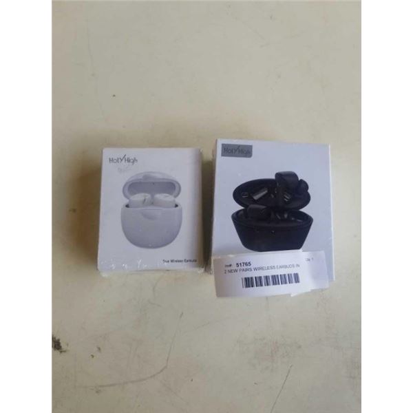 2 NEW PAIRS WIRELESS EARBUDS IN CHARGING CASE - HOLY HIGH WHITE AND BLACK