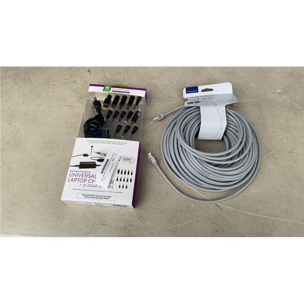 AS NEW 100FT CAT6 CABLE AND UNVERSAL 65W LAPTOP CHARGER RETAIL $110