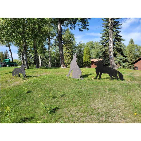 3 Wooden Wolves. Lawn Ornaments.