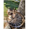 Image 1 : Wagon Wheel & 2 Wooden Deer Lawn Ornaments.