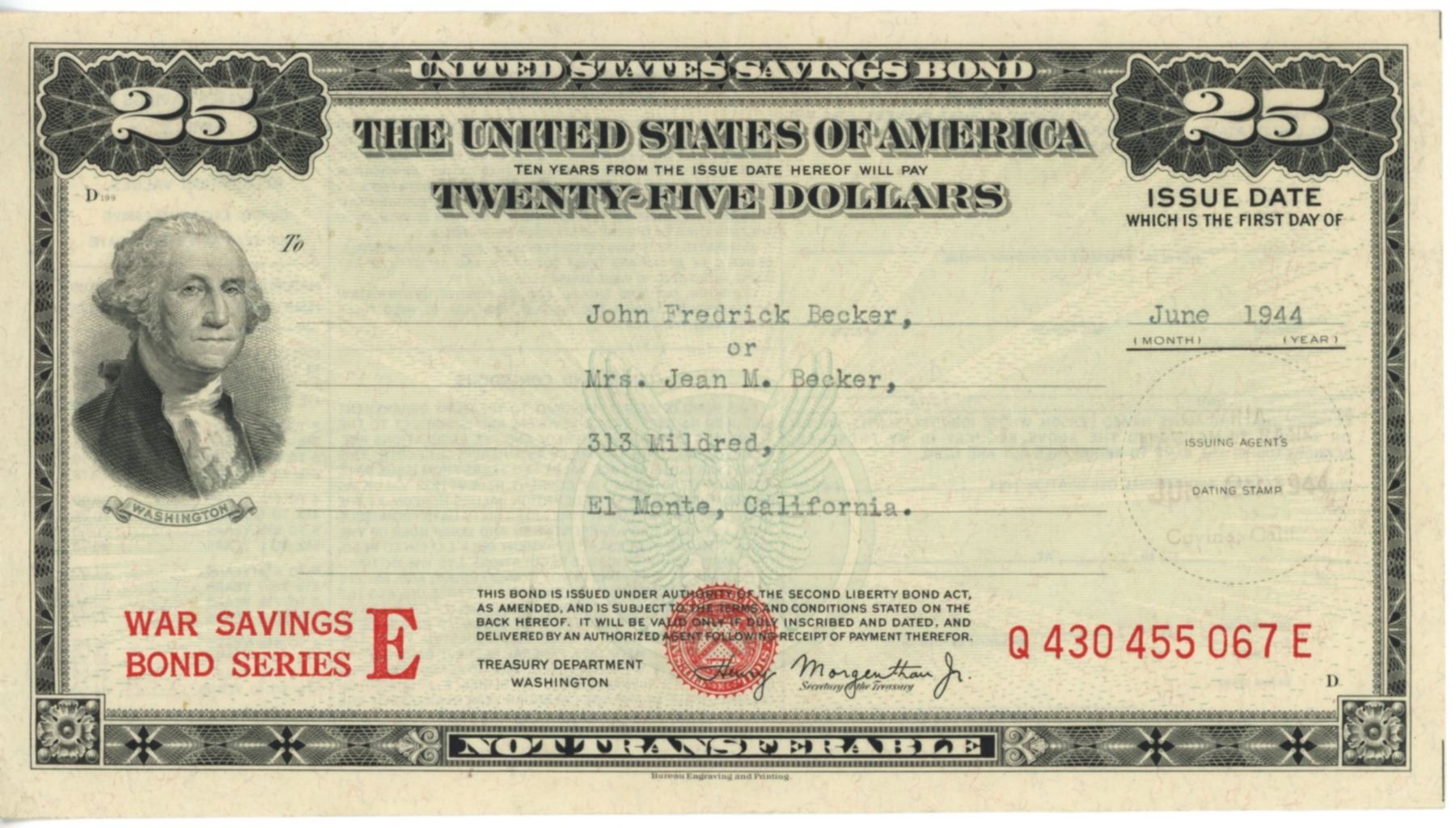 1944 $25 US Savings Bond, War Bond Series E