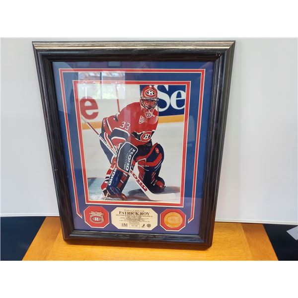 521 --  Patrick Roy Framed Ltd Edition Photo W/ 24KT Gold Overlay Medallion + Team Collector Pin W/
