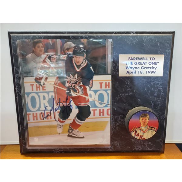 525 -Wayne Gretzky "Farewell To The Great One" Signed 8x10 Photo With COA and Gretzky Puck 15" x 12"