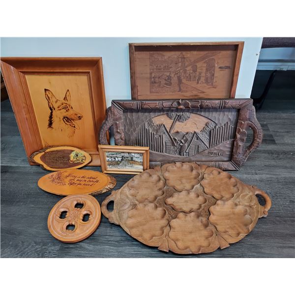 three carved wooden tray, wall Plaques and more