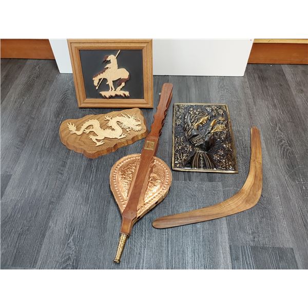 Boomerang, Bellows, & Carved wall hangings