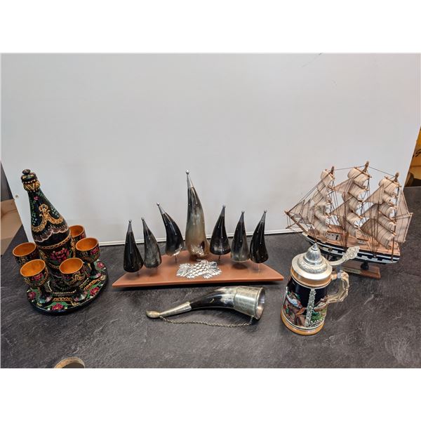 Lot Display Items inc Stien, Bottle with Shot Glasses, Horn Display & Sailboat Model