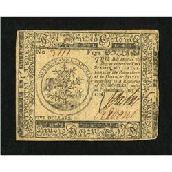Continental Currency July 22, 1776 $5 Very Fine.