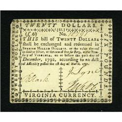 Virginia March 1, 1781 $20 Extremely Fine.