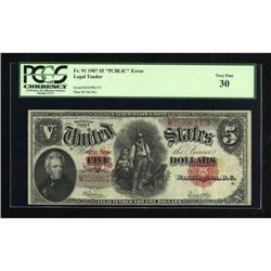 Fr. 91 "PCBLIC" Error $5 1907 Legal Tender PCGS