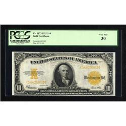 Fr. 1173 $10 1922 Gold Certificate PCGS Very