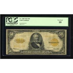 Fr. 1200 $50 1922 Gold Certificate PCGS Very