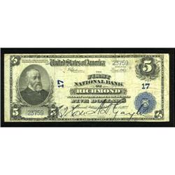 Richmond, IN - $5 1902 Plain Back Fr. 609 The