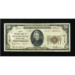 Beaver Falls, PA - $20 1929 Ty. 2 First NB Ch.