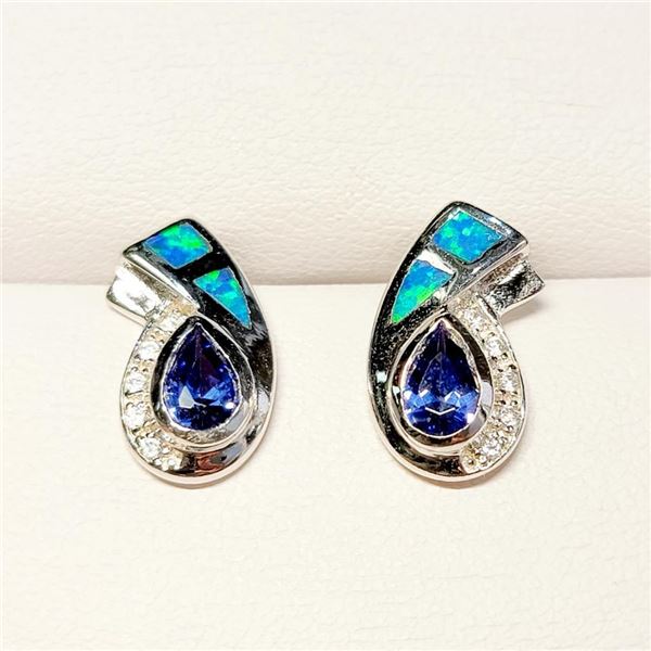 Silver Sapphire (1.5ct) Opal Triplet Earrings (~Size 0) (~length 0 inches) (~weight 3.38g), Suggeste