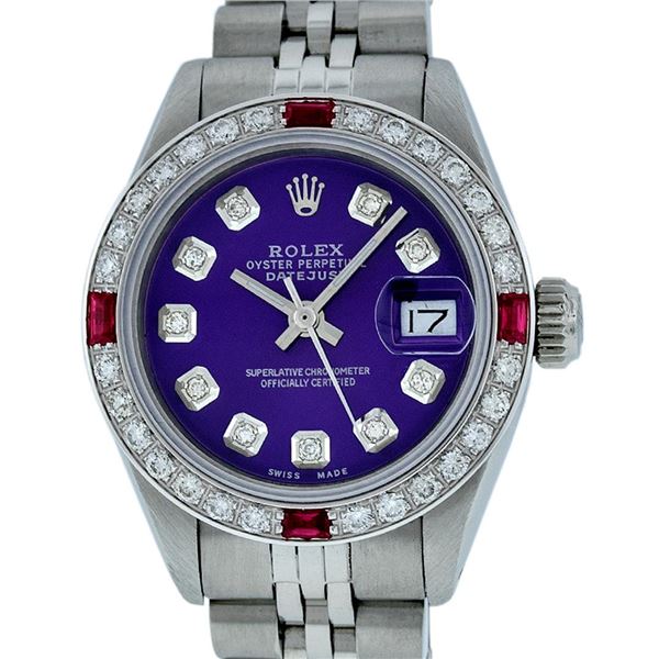 Rolex Ladies Stainless Steel Purple Diamond & Ruby Datejust Wristwatch