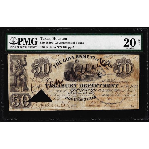1830's $50 Government of Texas Obsolete Note TXCRH21A PMG Very Fine 20 Net