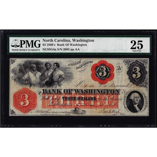 1860's $3 Bank of Washington North Carolina Obsolete Note PMG Very Fine 25