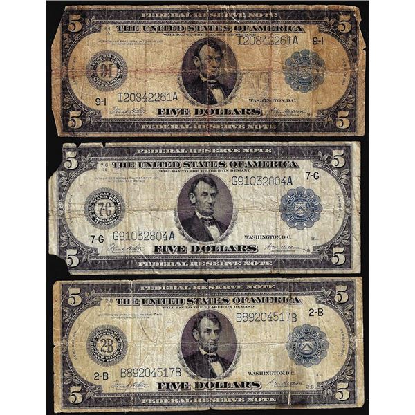 Lot of (3) 1914 $5 Federal Reserve Bank Notes