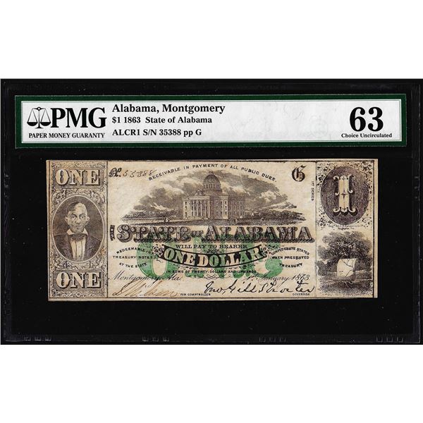 1863 $1 State of Alabama Montgomery Obsolete Note PMG Choice Uncirculated 63