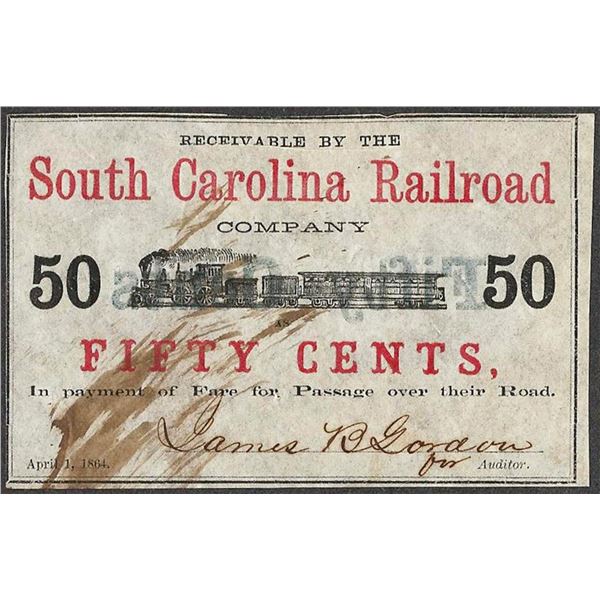1864 Fifty Cents South Carolina Railroad Obsolete Note