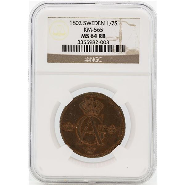 1802 Sweden 1/2 Skilling Coin NGC MS64RB