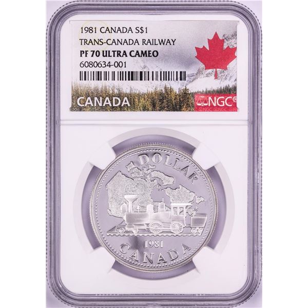 1981 $1 Proof Trans-Canada Railway Silver Dollar Coin NGC PF 70 Ultra Cameo