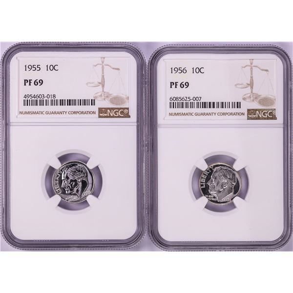 Lot of 1955-1956 Proof Roosevelt Dime Coins NGC PF69