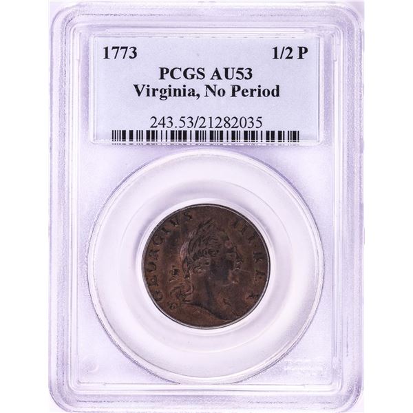 1773 Virginia No Period Colonial Half Penny Coin PCGS AU53
