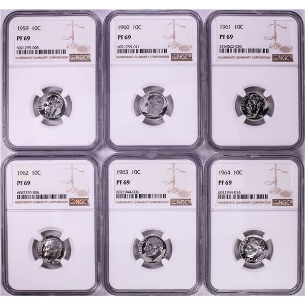Lot of 1959-1964 Proof Roosevelt Dime Coins NGC PF69