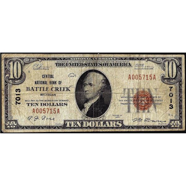1929 $10 Central NB of Battle Creek, Michigan CH# 7013 National Currency Note