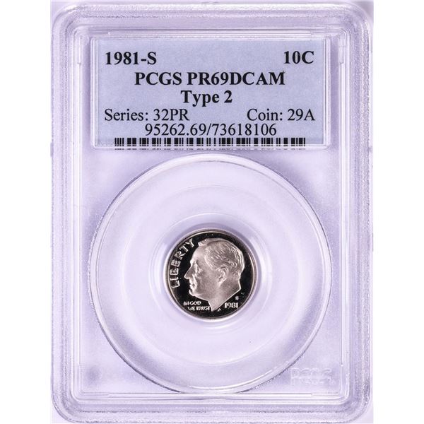 1981-S Type 2 Proof Roosevelt Dime Coin PCGS PR69DCAM