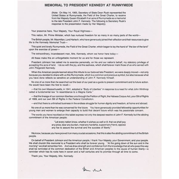 Dean Rusk Typed Quote Signed