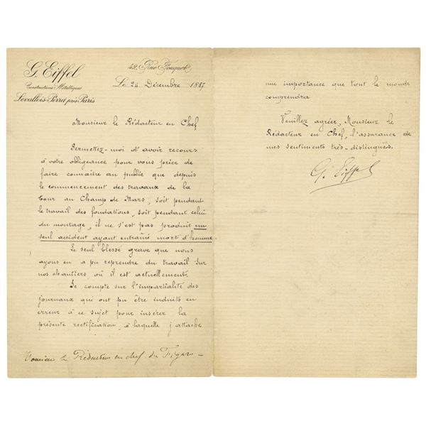 Gustave Eiffel Letter Signed
